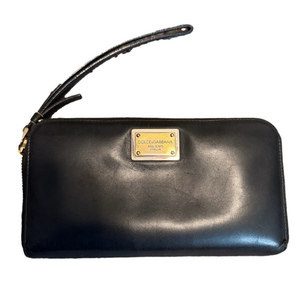 Dolce & Gabbana Black Leather Zip Wallet with Wristlet Strap